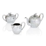 CHINESE EXPORT SILVER 'BAMBOO' THREE-PIECE TEA SERVICE