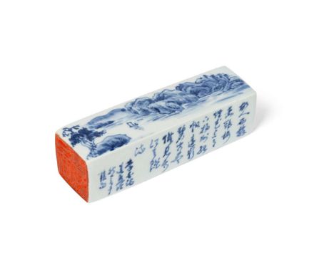  CHINESE BLUE AND WHITE RECTANGULAR SEAL LATE QING DYNASTY-REPUBLIC PERIOD, 19TH-20TH CENTURY 清末民初 青花山水紋題李白、張繼詩長方印印文: 藏書寳印two