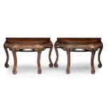[PRIVATE ENGLISH COLLECTION] PAIR OF CARVED HARDWOOD DEMI-LUNE TABLES, YUEYAZHUO