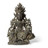 CHINESE BRONZE FIGURE OF MANJUSHRI SEATED ON A LION