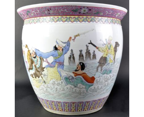 An early 20th Century Chinese Republic period jardiniere planter / scroll holder of large size having hand painted decoration