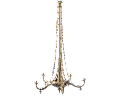 A large 19th Century Victorian brass ormolu hanging chandelier / ceiling light having a central rope twist column with five b