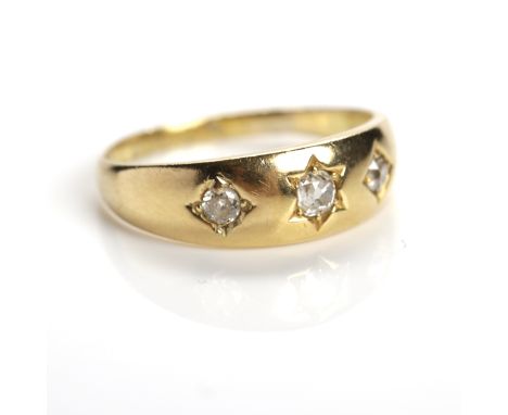 VICTORIAN THREE STONE DIAMOND RING
star set with three old cut diamonds, hallmarked for eighteen carat gold, size K