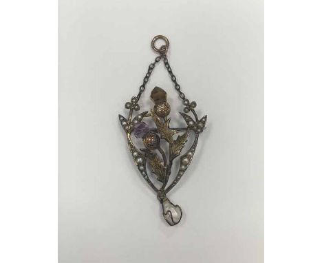 LATE VICTORIAN SCOTTISH HOLBEIN
of thistle design, set with an amethyst, a citrine and seed pearls, and with a baroque pearl 