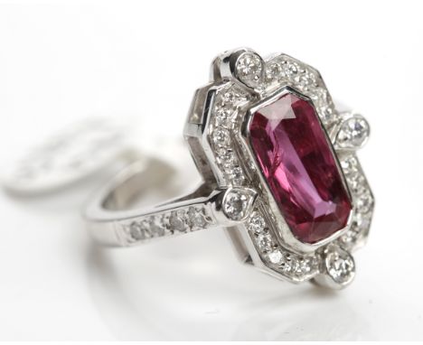 ART DECO STYLE RUBY AND DIAMOND DRESS RING
the central ruby of approximately 2.59 carats in an octagonal setting with diamond