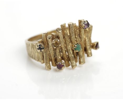 1970S MULTI GEM SET RING
set with stones including emerald, ruby and amethyst, in nine carat gold