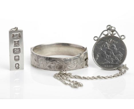 GROUP OF SILVER JEWELLERY
including an ingot pendant and a silver bangle