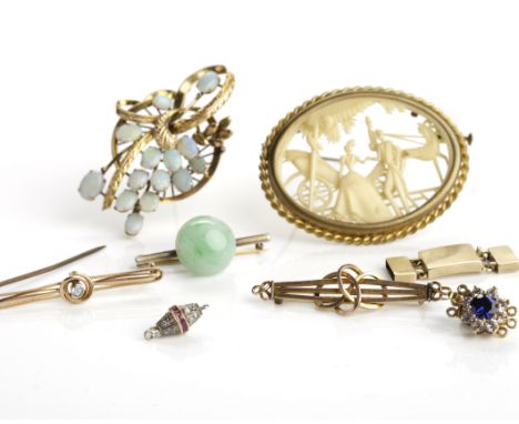 GROUP OF GOLD JEWELLERY
comprising a fourteen carat gold opal spray brooch, two nine carat gold bar brooches and a fourteen c