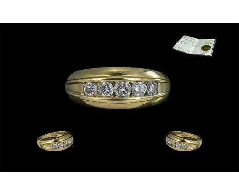 Gents 14ct Yellow Gold - Pleasing Custom Made 5 Channel Diamond Set Band Ring of Top Quality. Set with 5 Round Brilliant Cut 