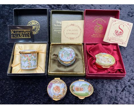 Kingsley Enamels - Five Enamel Pill Boxes, three in original boxes, depicting field mouse, leopard, floral designs, etc.