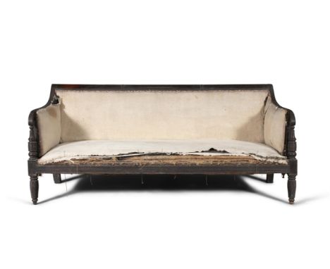 A FEDERAL MAHOGANY SOFA, PENNSYLVANIA, C.1790, the scroll back with downswept reeded arms raised on ring turned supports abov