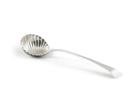 A GEORGE III SILVER SOUP LADLE, London c. 1760, with plain taper handle and scallop shell bowl  33.6cm long (6.3 troy ozs)