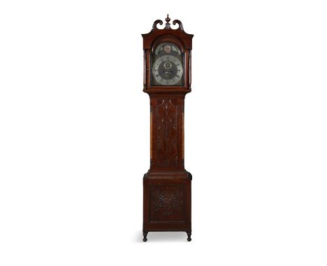 A FEDERAL MAHOGANY AND MAPLE LONGCASE CLOCK, PHILADELPHIA, EARLY 19TH CENTURYwith broken swan neck and central finial, the ar