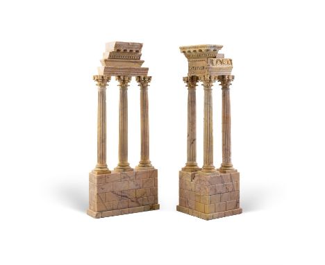 TWO ITALIAN 'GRAND TOUR' SIENA MARBLE CARVED MODELS OF THE RUINS OF THE TEMPLE OF CASTOR AND POLLUX AND THE TEMPLE OF VESPASI