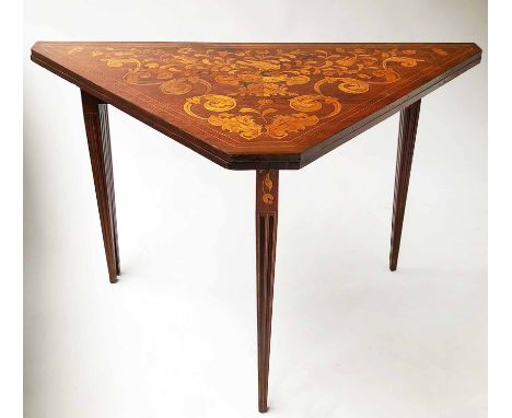 CARD TABLE, early 19th century Dutch mahogany and satinwood foliate marquetry with foldover baize lined top and gateleg suppo