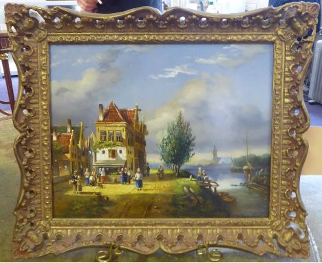 DANIEL SZEBERENYI (b.1949) 'Market Town on Bank of a Canal', oil on panel, 24cm x 30cm, framed.