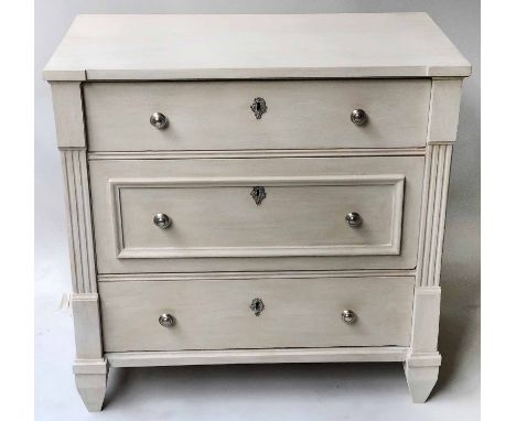 GUSTAVIAN STYLE COMMODE, 19th century North European traditionally grey painted and silvered metal mounted with three long dr