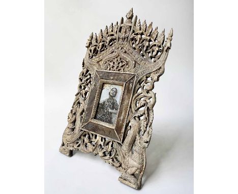 SIAMESE EASEL FRAME, vintage carved teak and mirror inset with easel stand, 64cm H.