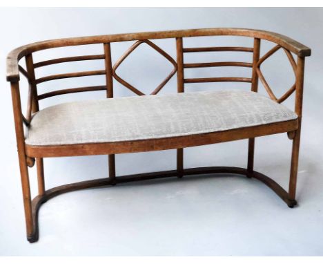 THONET BENCH, mid 20th century bentwood with curved lattice back with paper label, 124cm W.