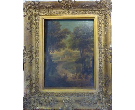19th CENTURY DUTCH SCHOOL 'Landscape with People Playing on a Countryside Road', oil on canvas, 38cm x 30cm, framed (loose fr