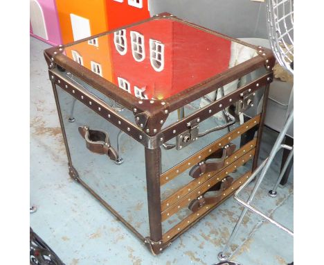 ANDREW MARTIN MIRRORED CHEST, having two drawers with hinged top trunk locks and brown stitched leather clad, 60cm x 60cm H. 