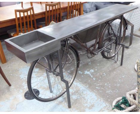 CONSOLE TABLE, vintage Indian bicycle with gun metal top, 200cm W.