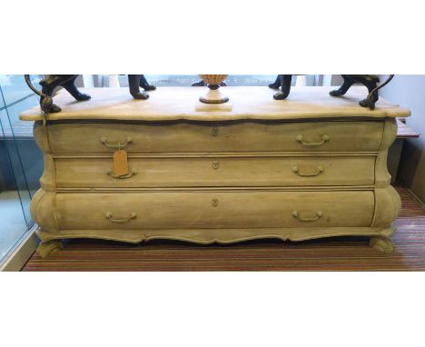 BOMBE COMMODE, 18th century style Dutch, grey painted, of wide proportions with three long shaped drawers, 190cm x 60cm x 81c