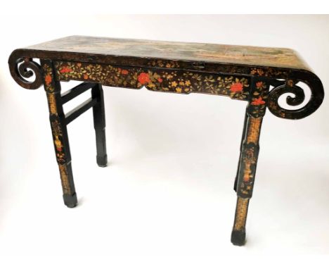 ALTAR TABLE, late 19th/early 20th century Chinese black and polychrome lacquered  with rectangular and scroll top, 126cm W x 