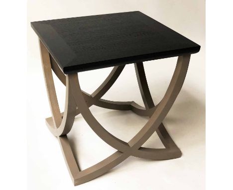 LAMP TABLE, contemporary square black matt ash and grey shaped crossed supports, 60cm H x 60cm.