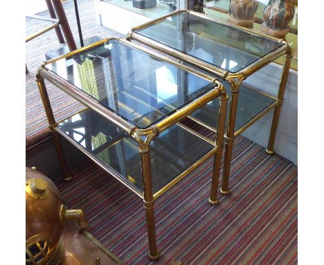 SIDE TABLES, a pair, vintage 1950's Italian, brass with original smoked glass, 52cm H. (2)