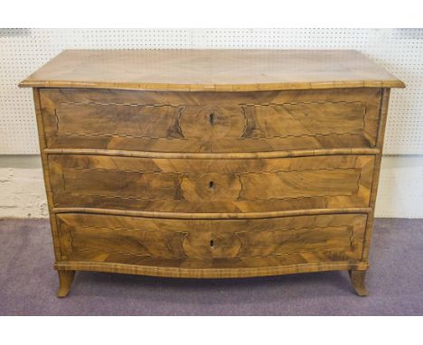 COMMODE, 18th century Italian walnut serpentine fronted and chequer inlaid with three long drawers below on swept feet, 87cm 
