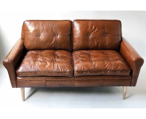 SOFA, 1970's De Sede style two seater with stitched coach hide mid brown upholstery, 153cm W.