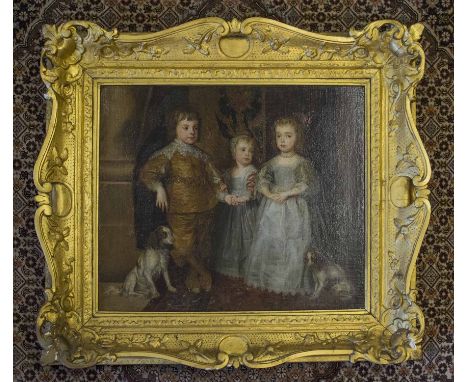 17th CENTURY SCHOOL 'Portrait of Three Children with Dogs', oil on canvas, 45cm x 52cm, framed.