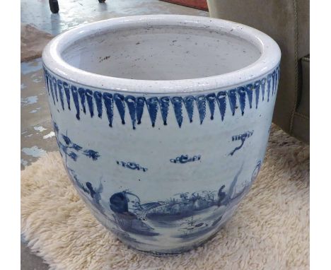 JARDINIERE, oriental blue and white, depicting figures in a garden, sitting, playing Mahjong, 43cm R x 43cm H.