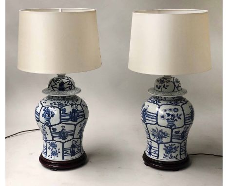 LAMPS, a pair, Chinese blue and white ceramic of lidded ginger jar form, 56cm H. (2)