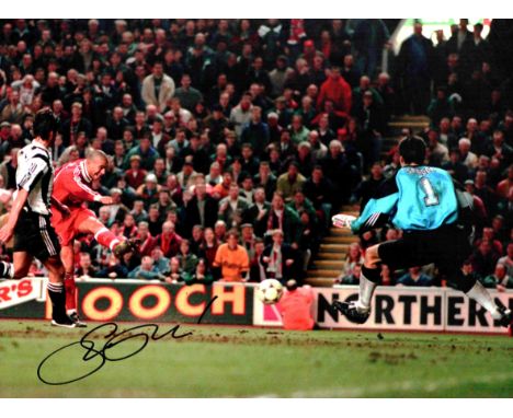 Stan Collymore signed colour print playing for Liverpool FC. Measures 16 x 12 inch appx. Good condition. All autographs come 