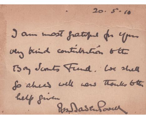 Robert Baden-Powell ALS dated 20th May 1910. Handwritten and hand signed on postcard. Good condition. All autographs come wit