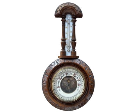 Antique Wooden Banjo Barometer. Wooden Banjo Barometer and Thermometer with Enamelled Dial and Thermometer plate, Skeleton wo