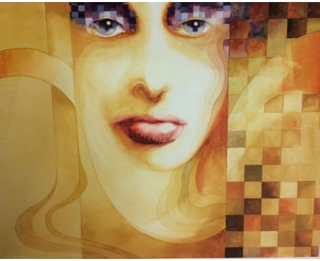 JON R. GUBBAY, BRITISH, WATERCOLOUR  Portrait of a lady entitled 'a closer look', having a stylized face,with purple checker 