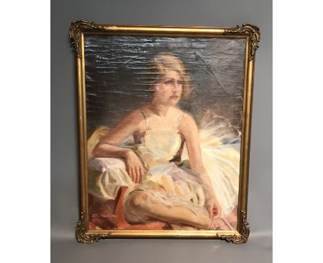 A 20TH CENTURY OIL ON CANVAS  Portrait of a young ballerina in a seated pose, wearing a white tutu style dress and tying a re