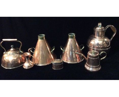 A COLLECTION OF 19TH CENTURY AND LATER COPPER ITEMS To include two triangular engine oil quart measures, with twin brass hand