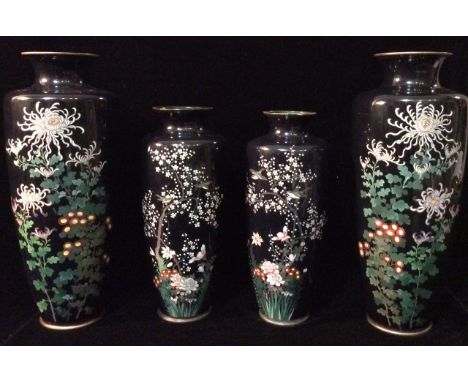 TWO PAIRS OF LATE 19TH/EARLY 20TH CENTURY JAPANESE SLENDER CLOISONNÉ VASE  On a black ground, enamelled with chrysanthemums a