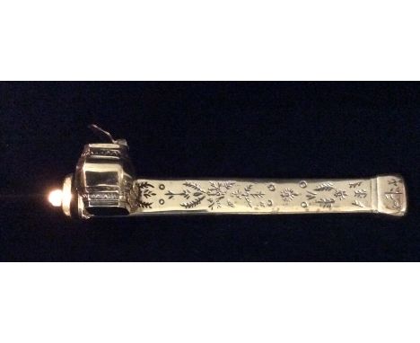 A 19TH CENTURY RECTANGULAR OTTOMAN BRASS TRAVELLING INKWELL AND BRUSH HOLDER With hinged lid and engraved decoration, with an