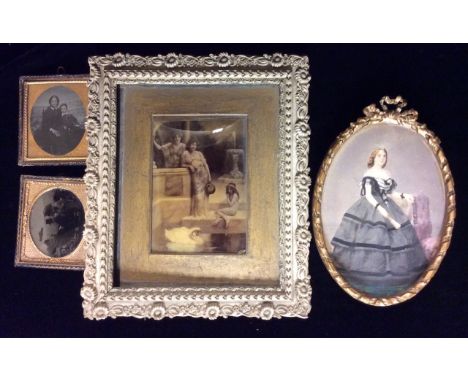 A 19TH CENTURY OVAL MINIATURE WATERCOLOUR Portrait of a Victorian style lady, wearing a caged crinoline style dress with blac