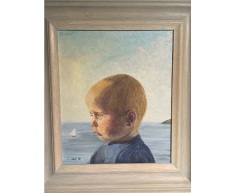 S. LOVELL, 94', OIL ON CANVAS Portrait of a young boy with seascape in background, cream framed. (45cm x 60cm)