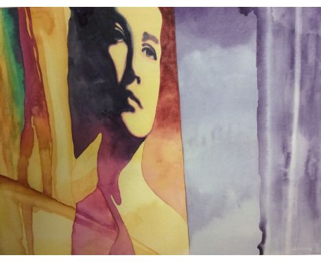 JON R. GUBBAY, BRITISH, WATERCOLOUR  Portrait of a lady entitled 'showgirl', captured in a showy pose with a purple mist to t