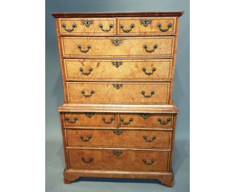 A RARE 18TH CENTURY BURR ELM CHEST ON CHEST With cushion cornice above an arrangement of four short and five long drawers fit