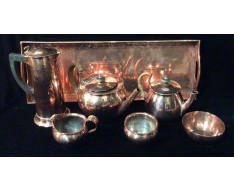 A LATE 19TH/EARLY 20TH CENTURY KESWICK SCHOOL COPPER TEA SERVICE Of Arts & Crafts style with a hand beaten finish, comprising