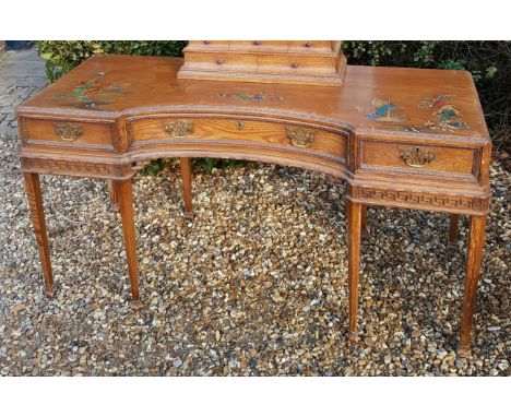 A 19TH CENTURY GOTHIC INSPIRED INVERTED BOW FRONT PINE TABLE  With chinoirserie decoration three drawers, raised on six chamf