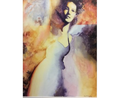 JON R. GUBBAY, BRITISH, WATERCOLOUR  Portrait of a lady entitled 'Dancer', wearing a simple black dress and having long flowi